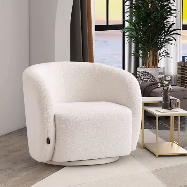 Livingandhome White Bouclé Upholstered Swivel Tub Single Sofa with Armrests