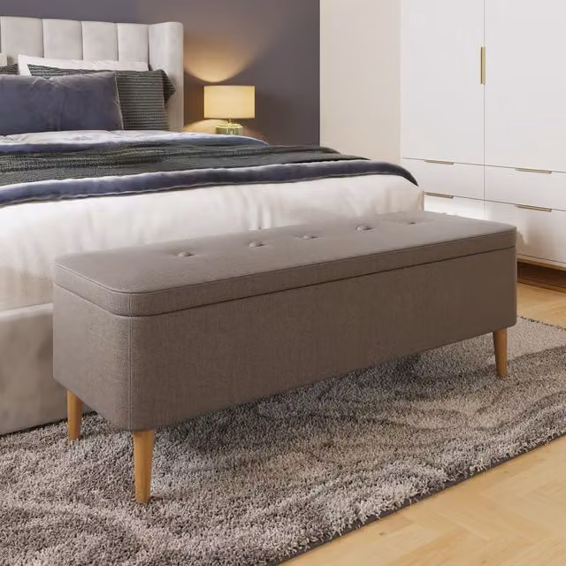 FWStyle Grey Linen Ottoman Storage Bench with Solid Wooden Legs – 1
