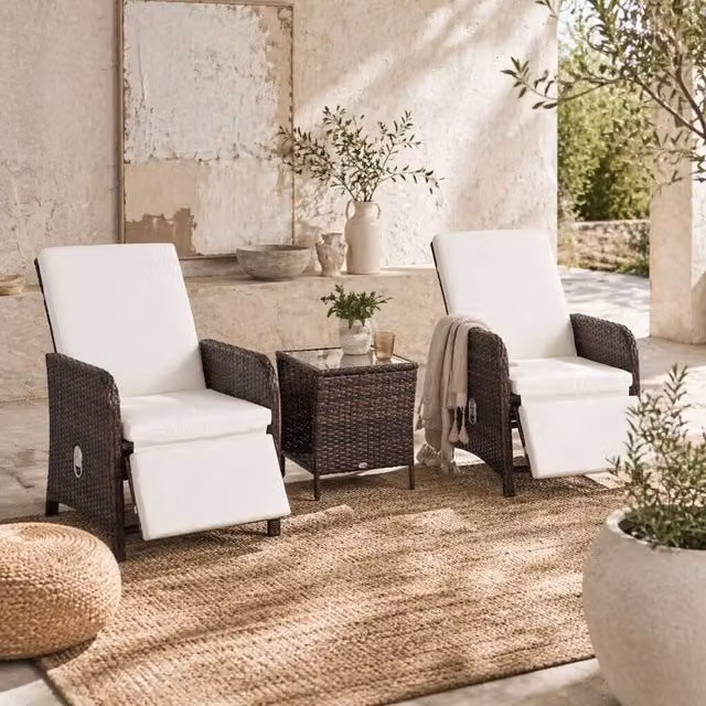 Wyld Haus Nomo 3 Piece Rattan Bistro Set in Mixed Brown with White Cushions – 1