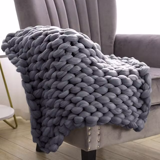 Livingandhome Grey Plain Woven Wool Throw Blanket