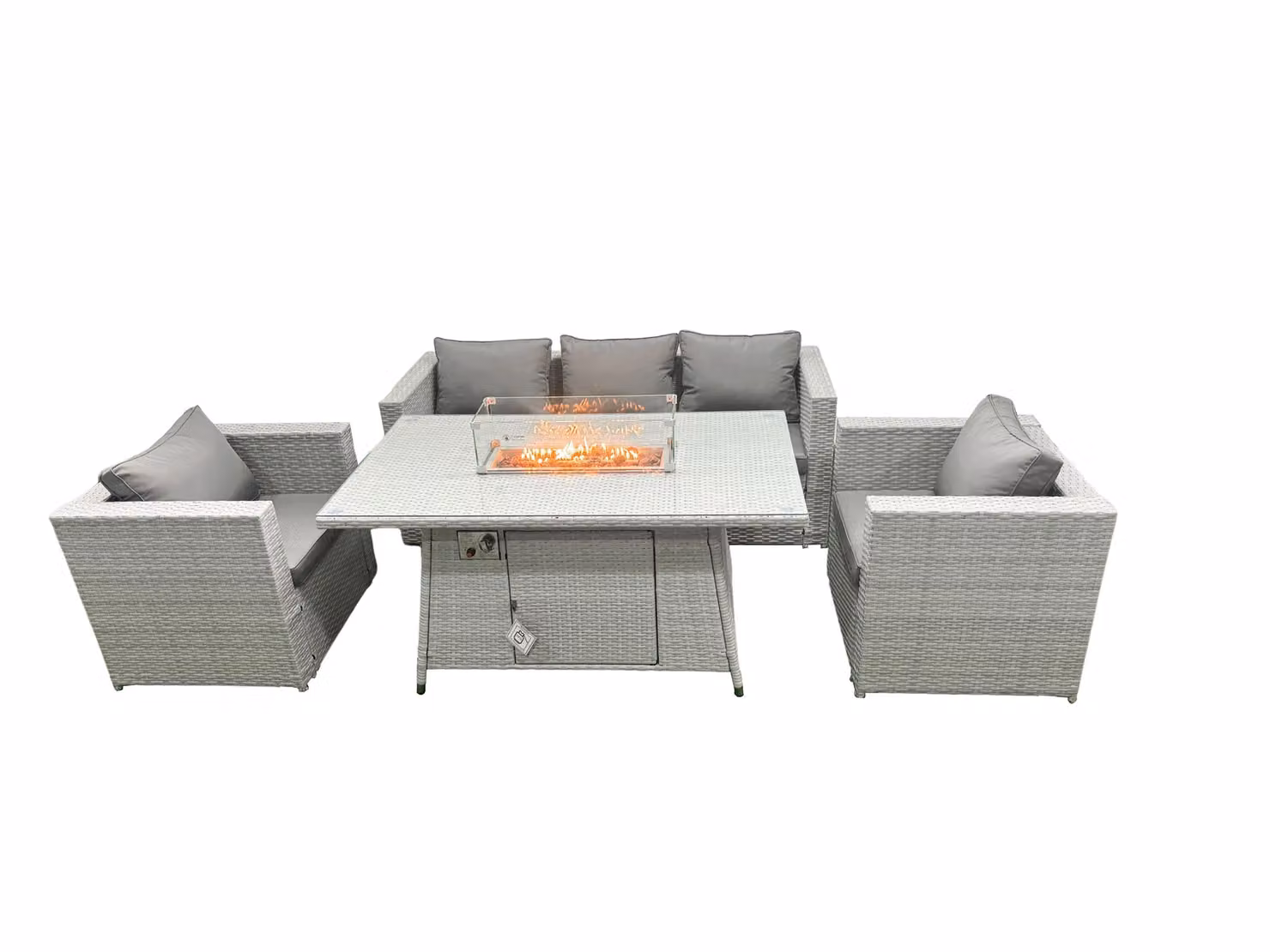 Fimous Rattan Gas Fire Pit Garden Furniture Set with Dining Table, Chairs and Lounge Sofa in Light Grey – 2