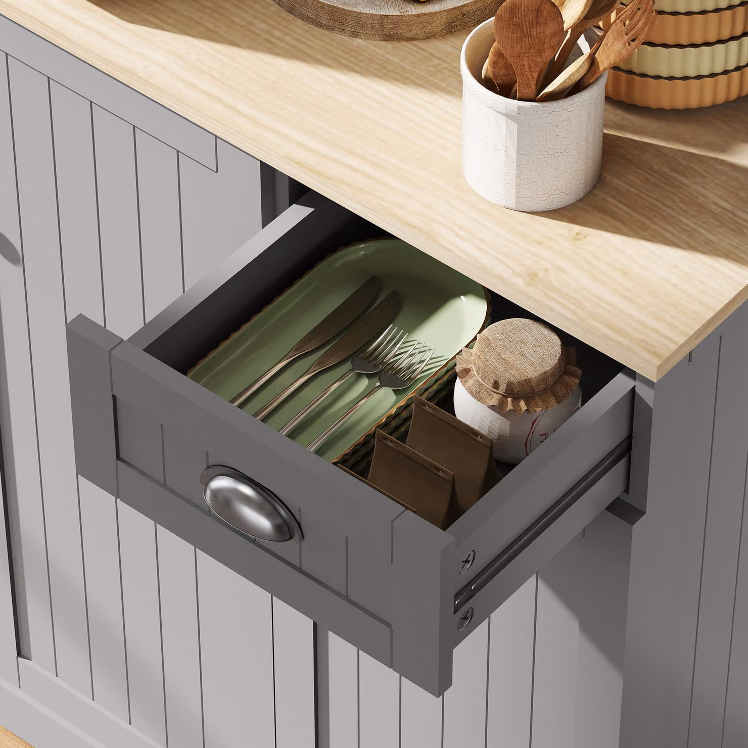 HOMCOM Modern Grey Kitchen Storage Cabinet with Open Countertop, Drawer and 6 Doors, Width: 180 cm – 5