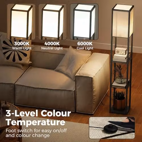 HOMCOM Modern Black Floor Lamp with 3-Tier Storage Shelves and E27 Bulb Socket – 4