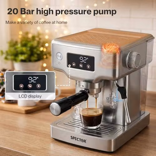 Spector Ultra Espresso Machine in Silver with LCD Touch Display, 20 Bar Pressure, Milk Frother and Removable Water Tank – 2