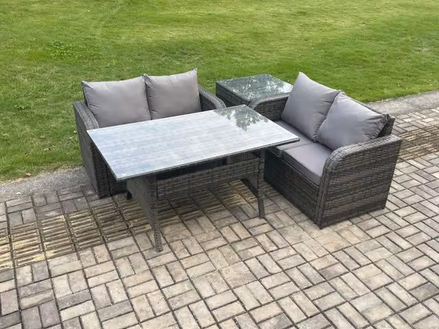 Fimous 4 Seater Rattan Outdoor Garden Furniture Set with Rectangular Dining Table, Loveseat Sofa and Side Table in Dark Grey