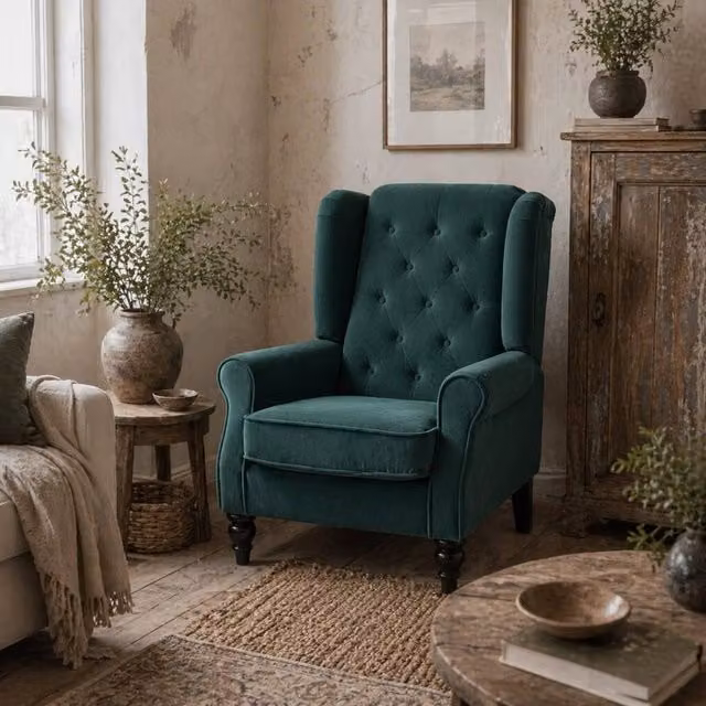 Wyld Haus Dona Green Velvet Wingback Accent Armchair with Diamond Button Tufting and Solid Wood Frame, W/D/H: 74 x 86 x 102 cm
