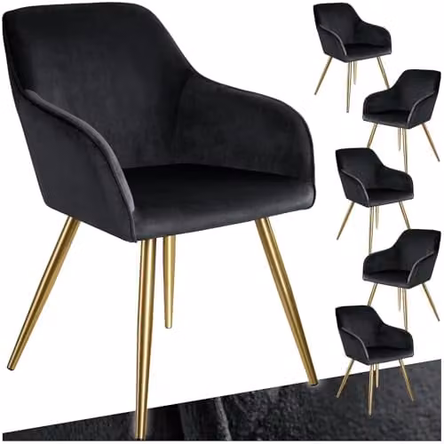 tectake Set of 6 Velvet Dining Chairs with Armrests and Gold Steel Legs, Black/Gold