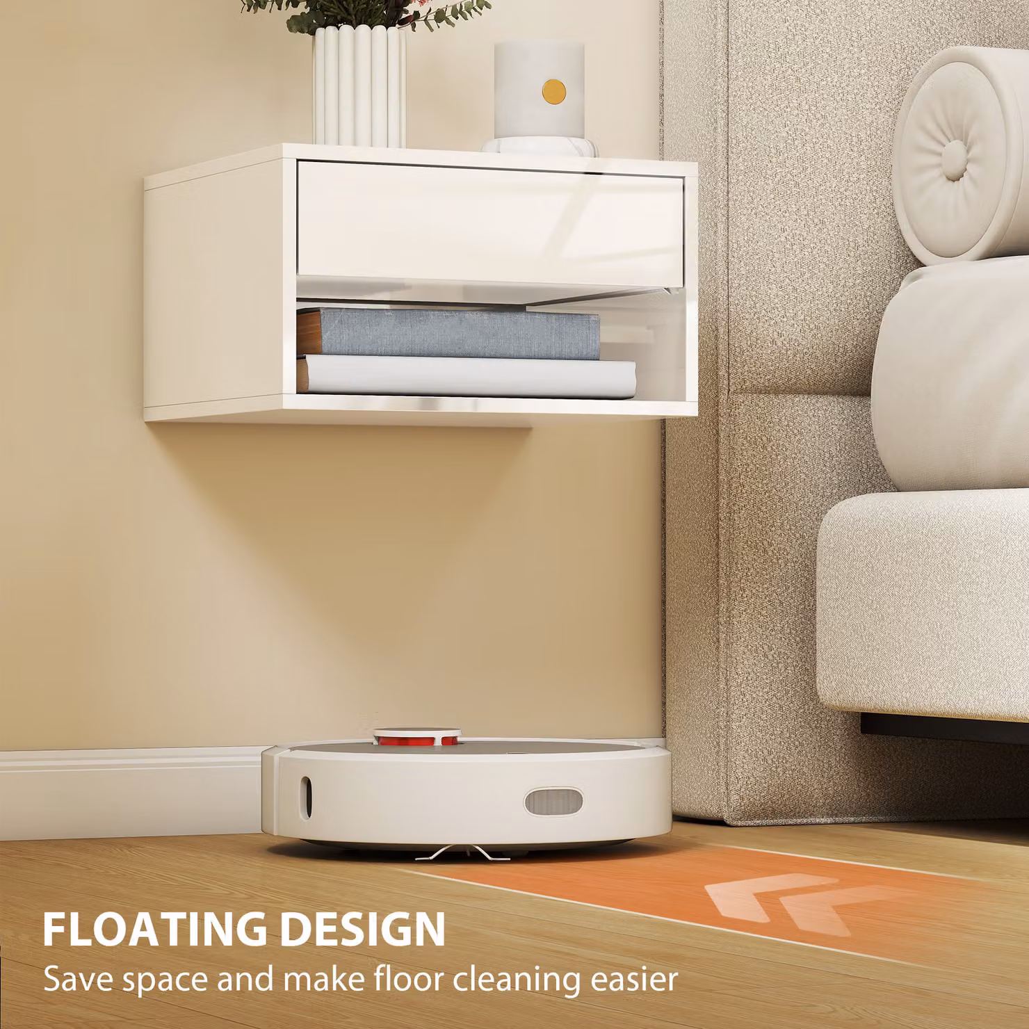 HOMCOM Set of Two High Gloss White Floating Bedside Tables with Drawer and Open Shelf – 2