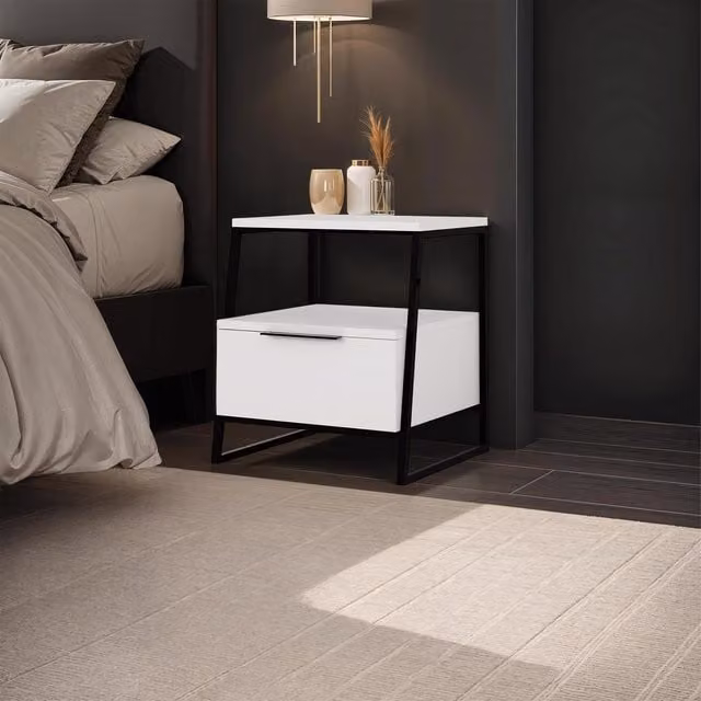 FWStyle Modern 1 Drawer Bedside Table with Black Metal Frame and Matt White Finish