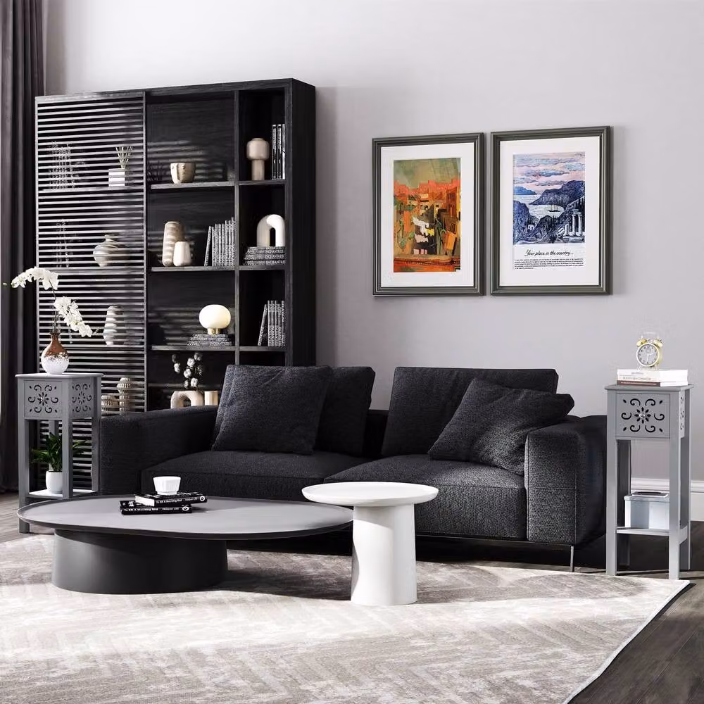 ERGOVEXA Set of Two Grey Floral Cut-Out Square Side Tables with MDF and Metal Construction – 3