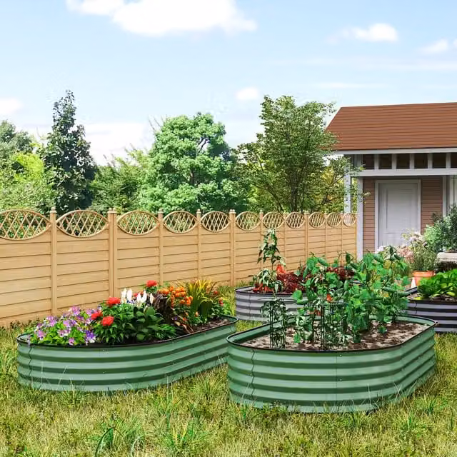 Outsunny Set of 2 Green Galvanised Steel Raised Beds with Plant Support Stakes