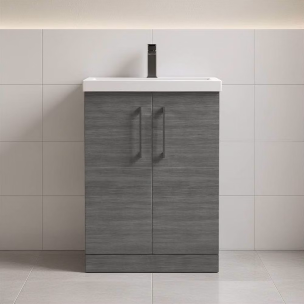 Balterley Anthracite Woodgrain 2-Door Bathroom Floor Vanity Unit with Basin, Grey, Width: 60 cm – 3
