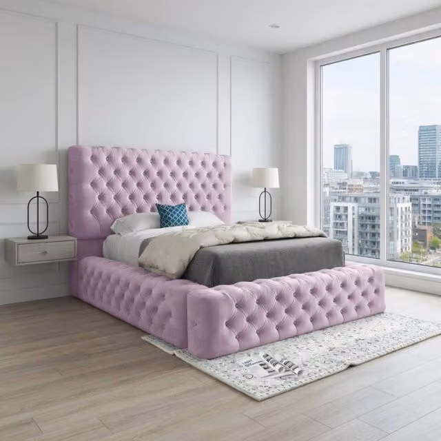 KDMD Linlithgow Pink Velvet Pleated Upholstered Designer Bed Frame W/D/H: 137 x 120 x 200 cm