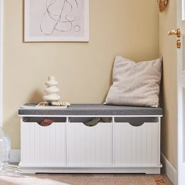 SoBuy Shoe Cabinet Storage Bench with Removable Fabric Seat Cushion in White