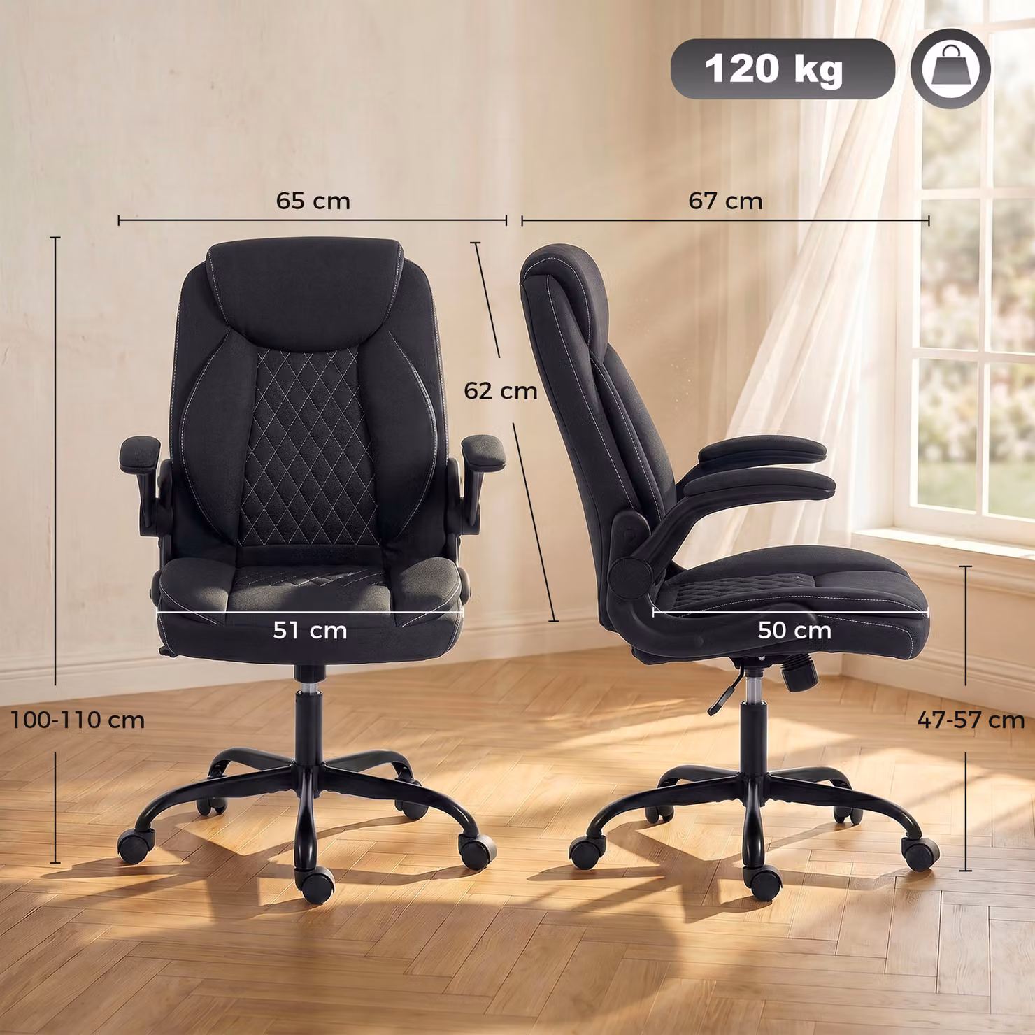 HOMCOM Black Linen-Look Executive Office Chair with Flip-Up Armrests and Thick Cushion – 3