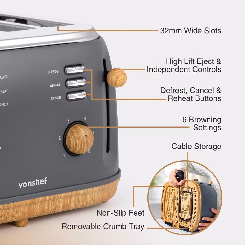 VonShef Fika Grey Microwave Kettle and Toaster Set – 6