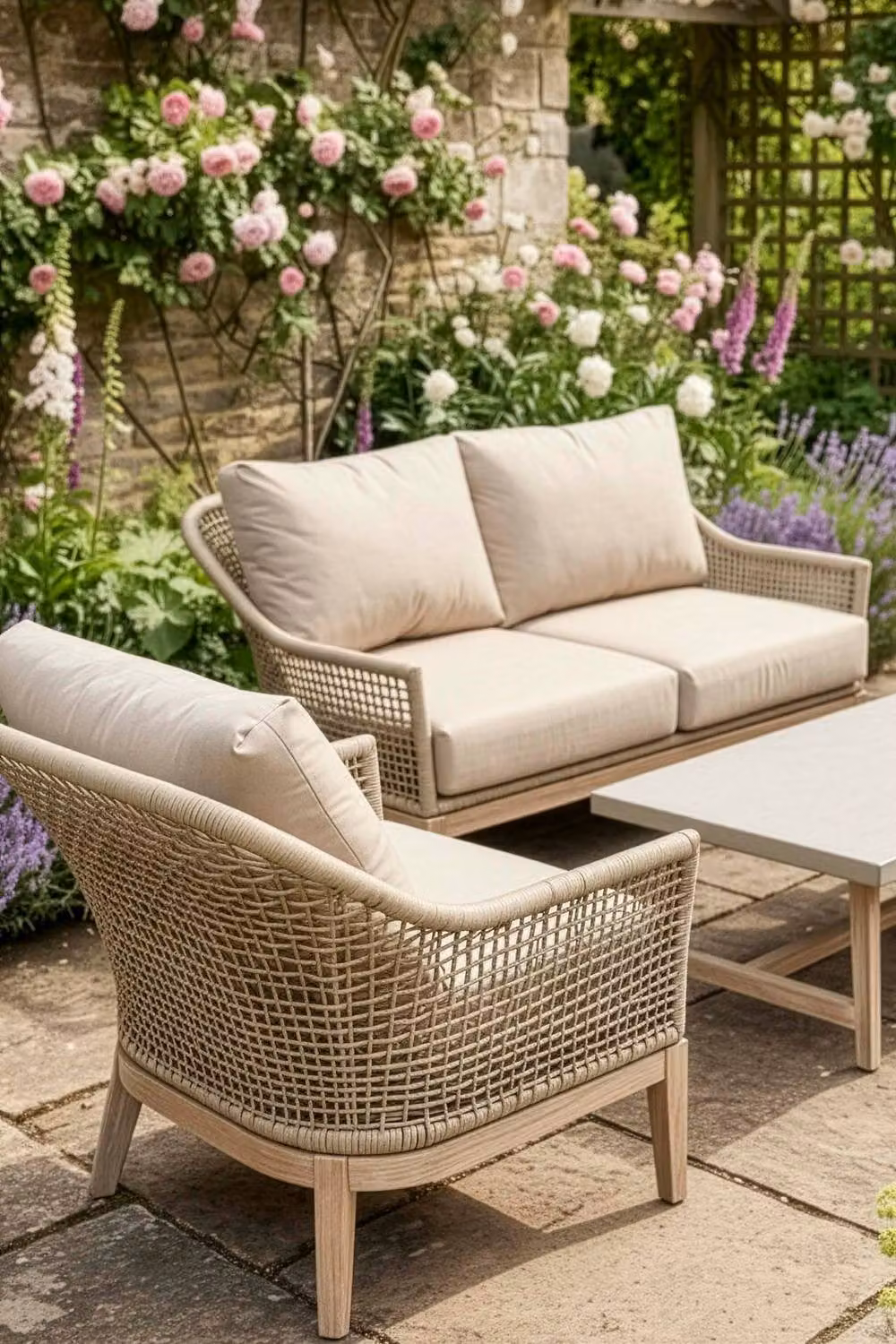 Dibor 4-Piece Woven Garden Sofa Set with Cushions and Coffee Table in Natural Sand and Beige – 3