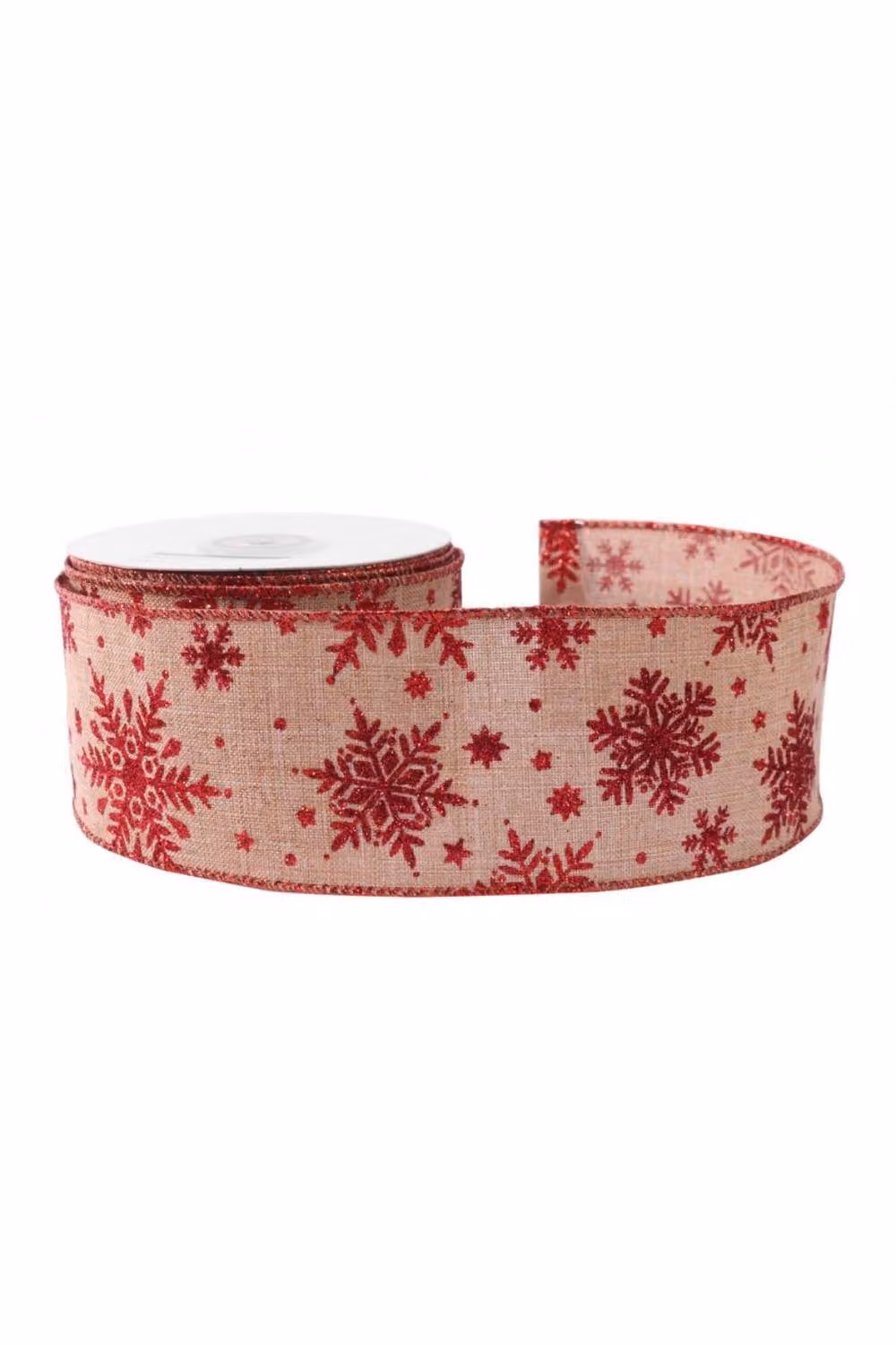 KDMD Natural Ribbon with Red Glitter Snowflakes, Width: 6.3 cm, Length: 9.14 m – 2