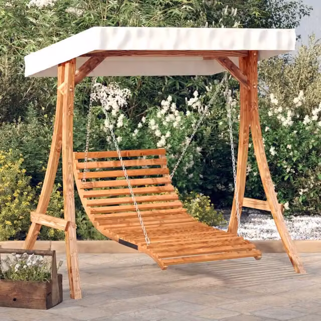 Berkfield Home Swing Bed with Canopy in Brown Solid Spruce with Teak Finish – 1