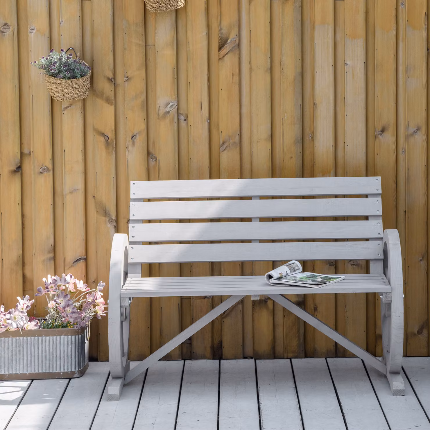 Outsunny 2 Seater Rustic Garden Bench with Armrests and Wagon Wheel Design, Grey – 2
