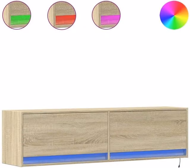 Berkfield Home Wall Mounted TV Cabinet with Integrated LED Lights in Sonoma Oak and Tan, W/D/H: 140 x 31 x 38 cm – 1