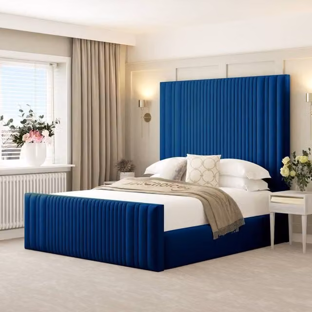 Bed Choices Aspire Single Upholstered Ottoman Bed Frame with Gas Lift Storage and 70 inch Headboard in Blue Velvet