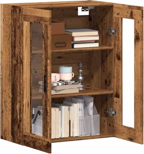 Berkfield Home Wall Mounted Rustic Old Wood Cabinet with Glass Doors in Brown, W/D/H: 69.5 x 34 x 90 cm – 1