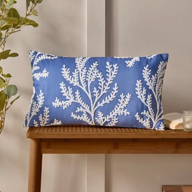 Catherine Lansfield Coral Leaf Embroidered Filled Boudoir Cushion in Blue and White, W: 50 cm, H: 30 cm