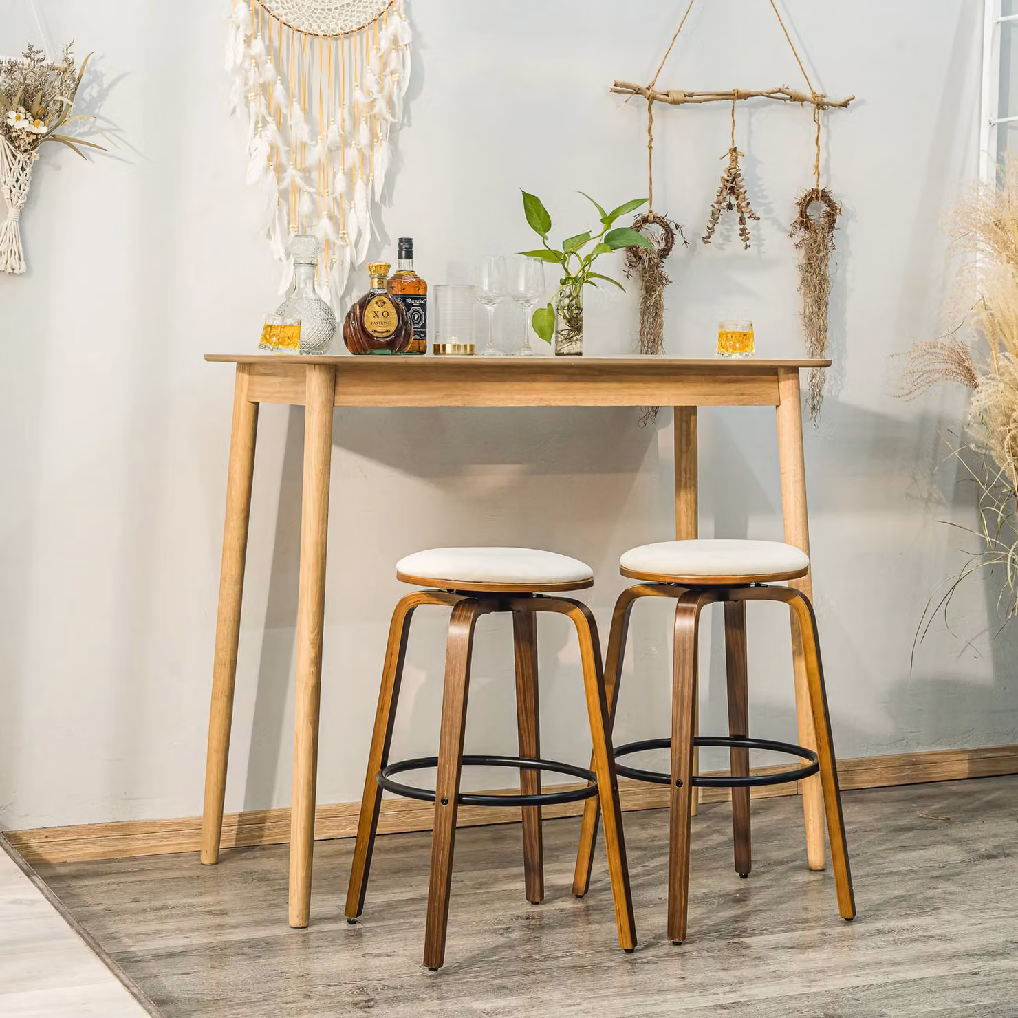 Nordlys Set of 2 Industrial Metal and Wood Bar Stools in Matt Beige – 4
