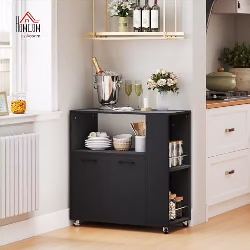 HOMCOM Kitchen Trolley on Wheels with 2-Door Cabinet, Black, W/D/H: 75 x 40 x 80.5 cm