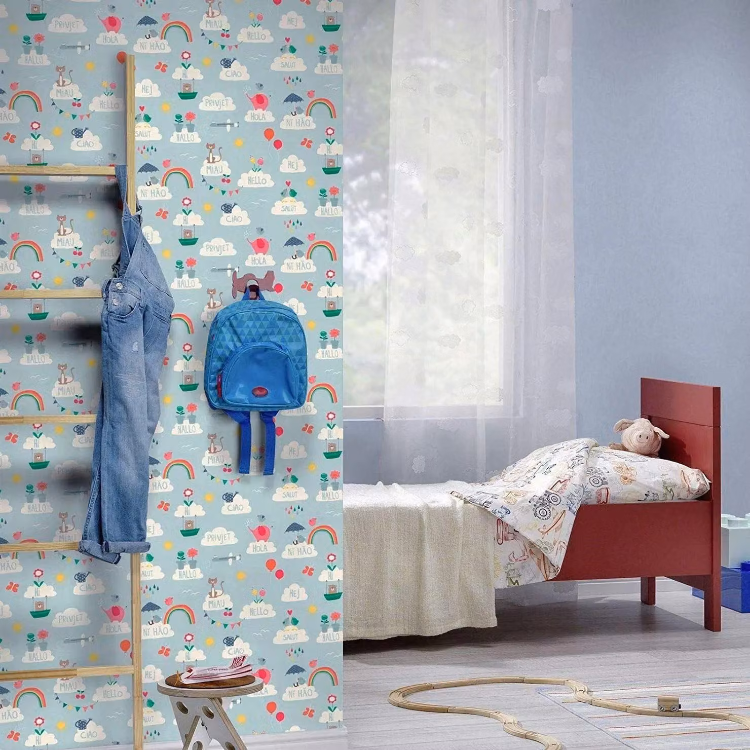 Rasch Hello Clouds Rainbow Birds Cats Butterfly Childrens Wallpaper in Blue – 2