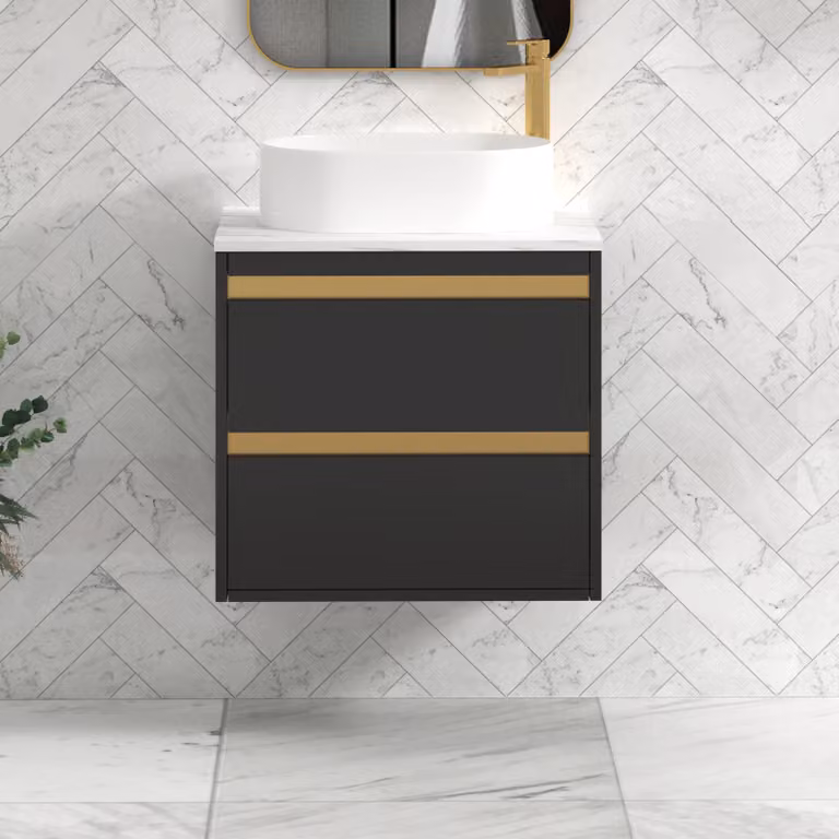 Royal Bathrooms Orion 800mm Matt Obsidian Black Wall Hung Countertop Vanity Unit with 2 Drawers, Peak Basin and Brushed Brass Accent Trim