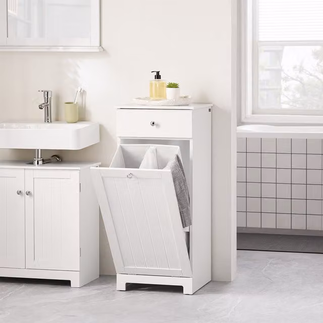 SoBuy Modern White Lacquered Laundry Cabinet with Internal Drawers and Bathroom Storage