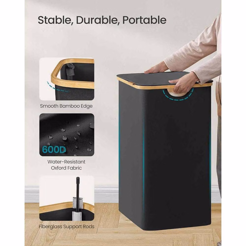 The Bazaarist Double Laundry Hamper with Lid, Bamboo Frame, Jet Black – 4