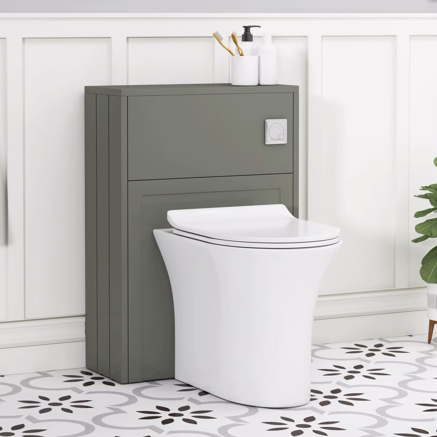Royal Bathrooms Elmore Matte Green BTW WC Unit with Breeze Rimless Ceramic Toilet Pan, Slim Soft Close Seat and Cistern, Width: 55 cm