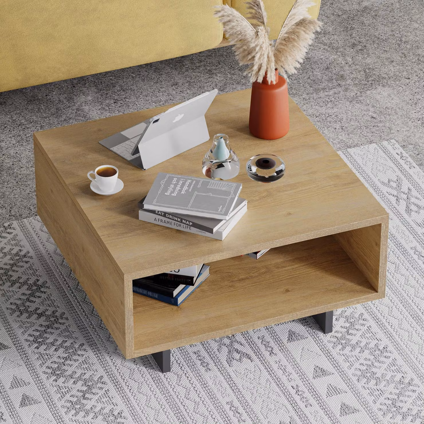 Decortie Hola Modern Square Coffee Table in Oak Finish, W/D/H: 60 x 60 x 32 cm – 2