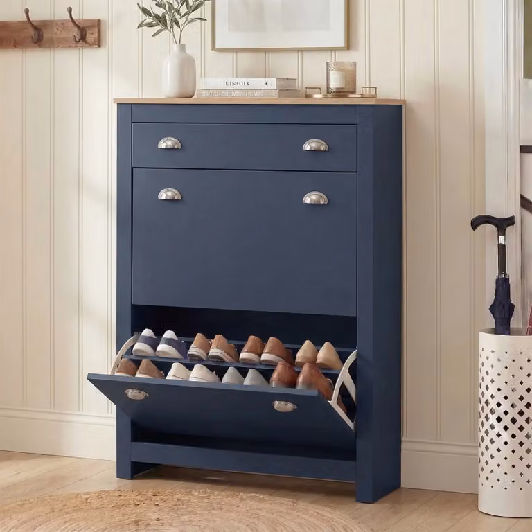 Modern Blue Slim Shoe Cabinet with Two Doors and Internal Drawers