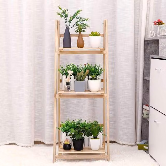 Livingandhome Wooden Folding Ladder Plant Stand Storage Shelf, Brown, Height: 107 cm