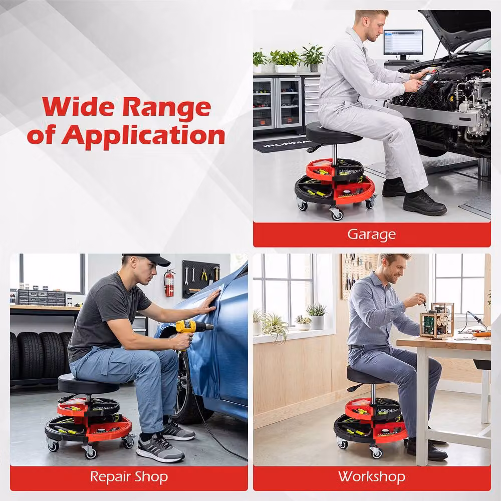 Gymax Rolling Mechanic Stool with Cushioned Seat in Red – 6