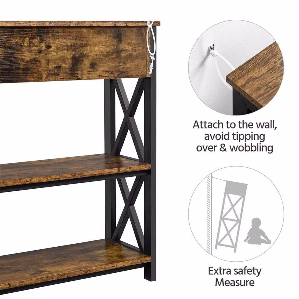Kelvenix Rustic Brown Console Table with Glass Top and X-Frame Design – 5