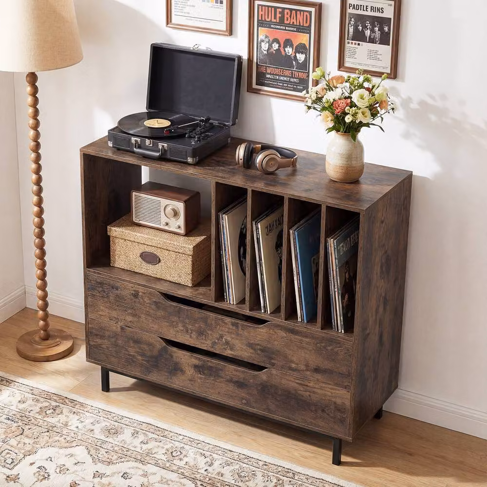 Costway Mid Century Record Player Stand with Open Media Compartment in Brown – 5