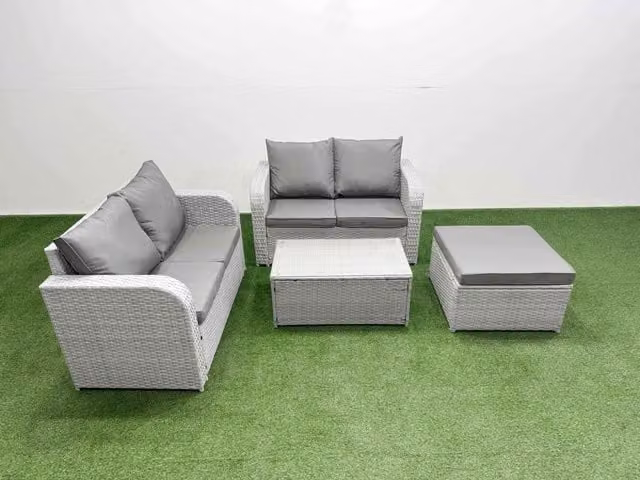 Fimous 5 Seater Rattan Garden Furniture Set in Light Grey with L-Shape Sofa, Coffee Table and Ottoman