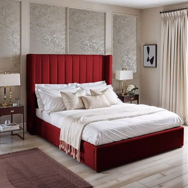 UK Bed Furniture Barcelona Gas Lift Storage Upholstered Velvet Bed in Red, Size: Double (140 x 200 cm)
