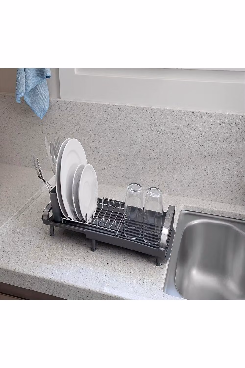 Living and Home 2-Layer Expandable Kitchen Dish Drainer Rack with Cutlery Holder in Grey – 2