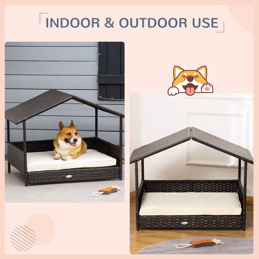 ERGOVEXA Black Rattan Wicker Dog House with Removable Cushion, Canopy and Weatherproof Design – 5