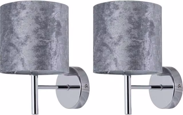 First Choice Lighting Brea Set of 2 Chrome Wall Lights with Grey Fabric Shades