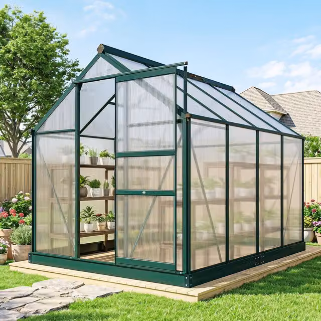 Outsunny Walk-In Polycarbonate Greenhouse with Green Aluminium Frame – 2