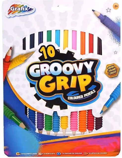 Grafix Pack of 10 Multicolour Groovy Grip Pigment Wood Coloured Pencils