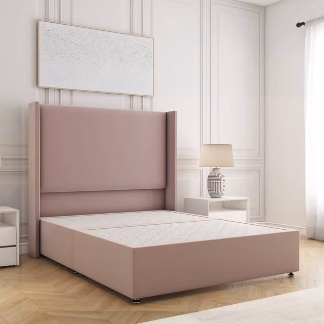 BSSPOKE Austin Super King Divan Bed with 54 inch Plush Velvet Headboard in Pink, W/D/H: 200 x 200 cm