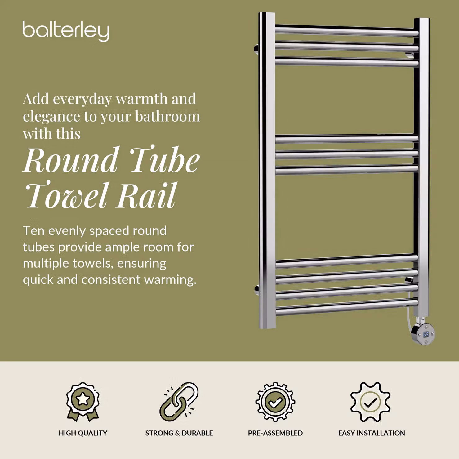 Balterley Electric Round Tube Towel Rail with 10 Bars, Silver, W: 50 cm, H: 80 cm – 2